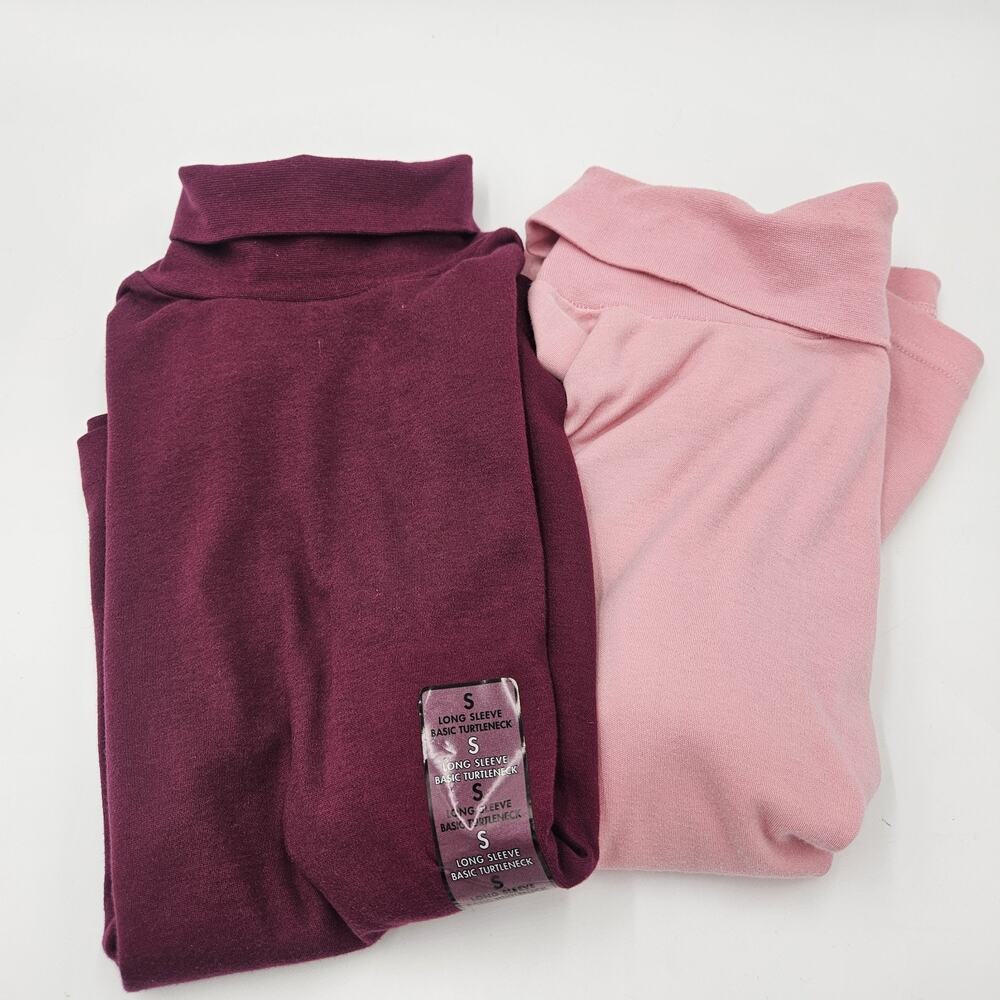 Basic Editions Womens Small Burgundy & Pink Turtlenecks Long Sleeve Tee Cozy